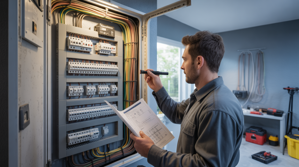 Électricien vérifiant un tableau électrique domestique ouvert avec câblage organisé et détails réalistes dans une pièce technique d’une maison.