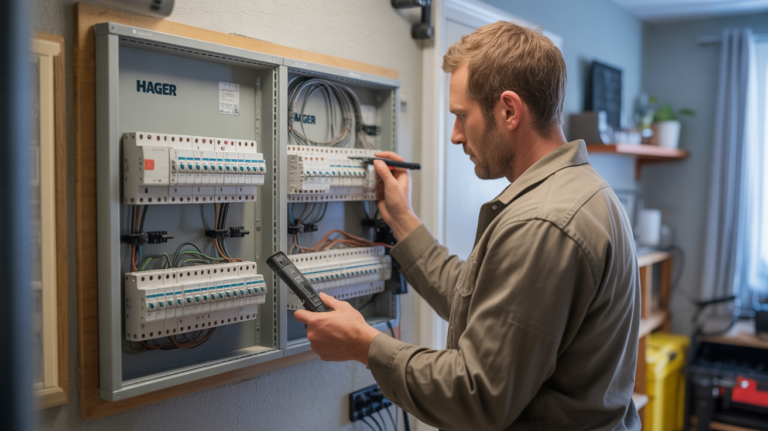 Scène réaliste d’un électricien vérifiant plusieurs tableaux électriques Hager installés dans une pièce technique moderne, montrant les détails authentiques des équipements et de l’environnement.