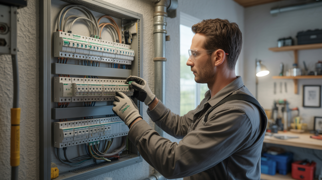 Électricien inspectant un tableau électrique Schneider dans une pièce technique réaliste et bien éclairée.