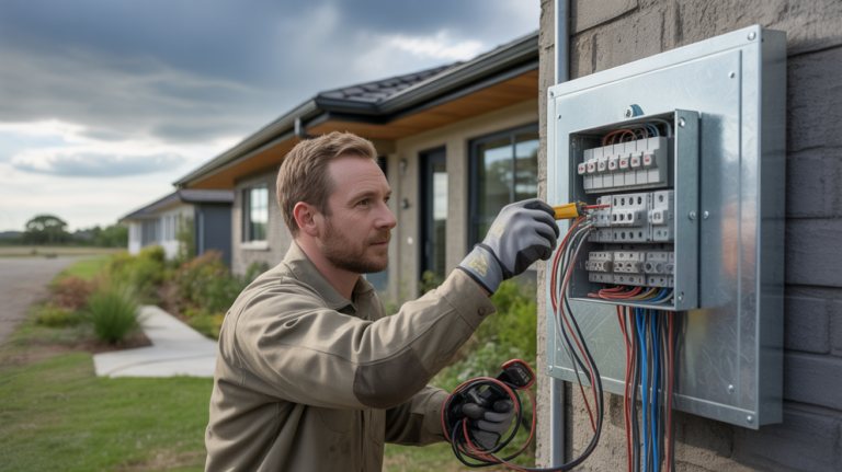 Électricien installant un parafoudre sur un panneau électrique extérieur d’une maison réelle sous un ciel orageux menaçant.