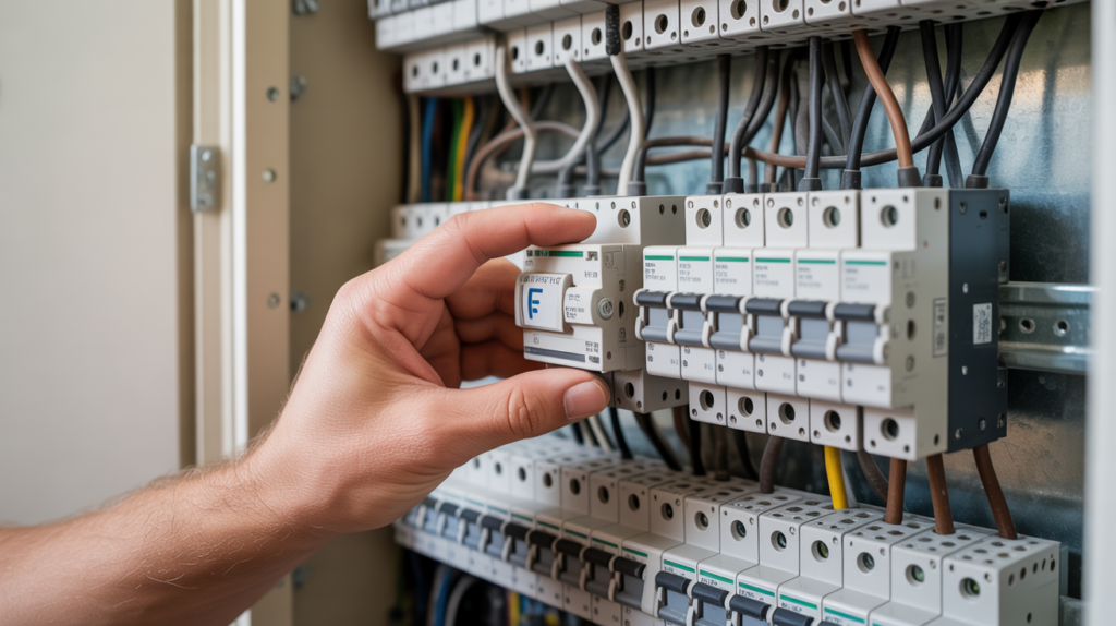 Scène réaliste d’un électricien installant un disjoncteur type F dans un tableau électrique moderne, avec détails authentiques et éclairage naturel.