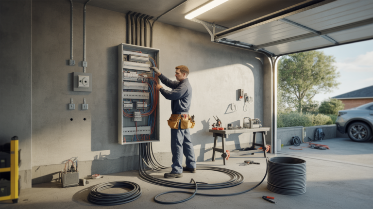 Installation électrique réaliste dans un garage avec un électricien travaillant sur un tableau électrique.