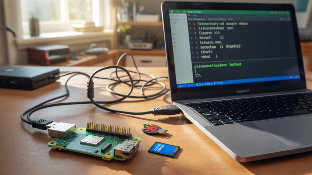 Photo réaliste d’un bureau avec un Raspberry Pi prêt pour une installation headless de Raspberry Pi OS Lite, avec ordinateur portable, carte microSD et câbles.