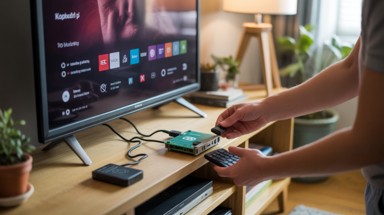 Scène réaliste montrant un Raspberry Pi connecté à une télévision affichant Kodi, dans un salon chaleureux avec une personne en train de le configurer.
