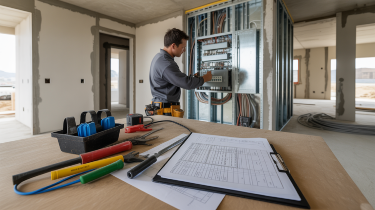 Électricien professionnel inspectant un tableau électrique dans une maison neuve en construction, avec outils et câbles visibles dans un environnement réaliste.