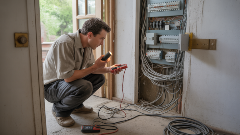 Electricien inspectant une installation électrique non conforme dans une maison avec câbles désordonnés et tableau défectueux.