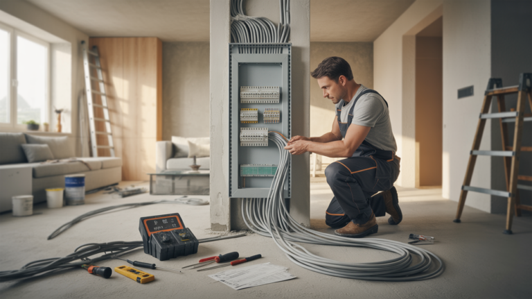 Electricien installant une gaine technique logement avec câbles ordonnés et tableau électrique ouvert dans une scène de rénovation réaliste.
