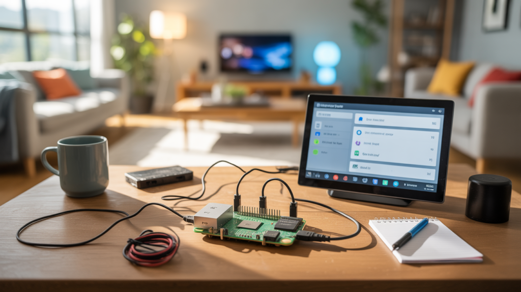 Installation de Home Assistant sur un Raspberry Pi dans un intérieur moderne, avec un bureau réaliste et des détails authentiques.