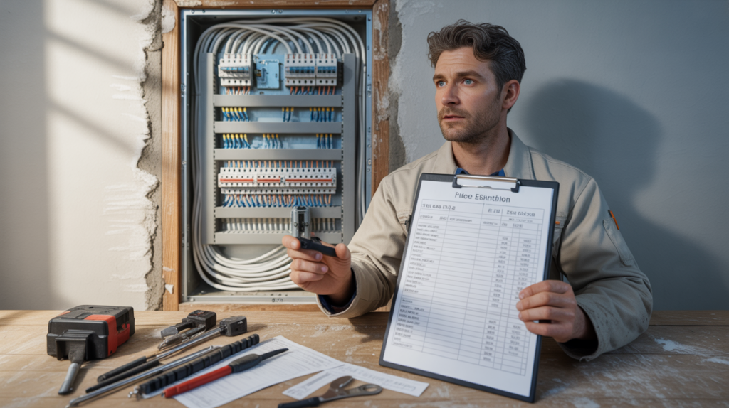 Électricien professionnel installant un tableau électrique dans une maison réelle, avec outils, câbles organisés et ambiance naturelle.