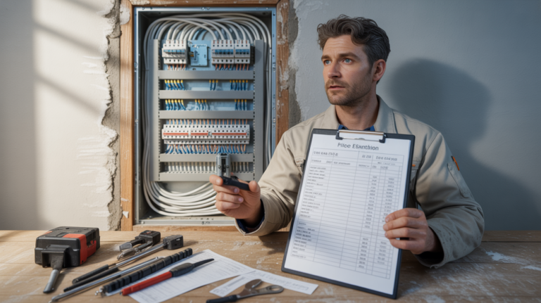 Électricien professionnel installant un tableau électrique dans une maison réelle, avec outils, câbles organisés et ambiance naturelle.