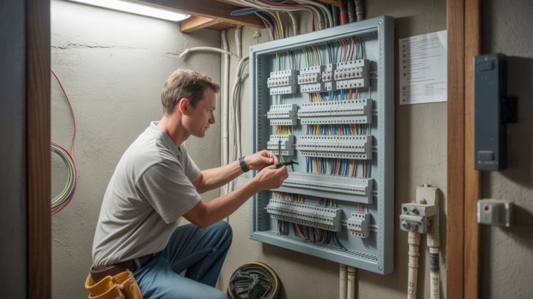 Électricien ajustant un tableau électrique domestique moderne dans une pièce utilitaire réaliste avec câbles organisés et détails authentiques.