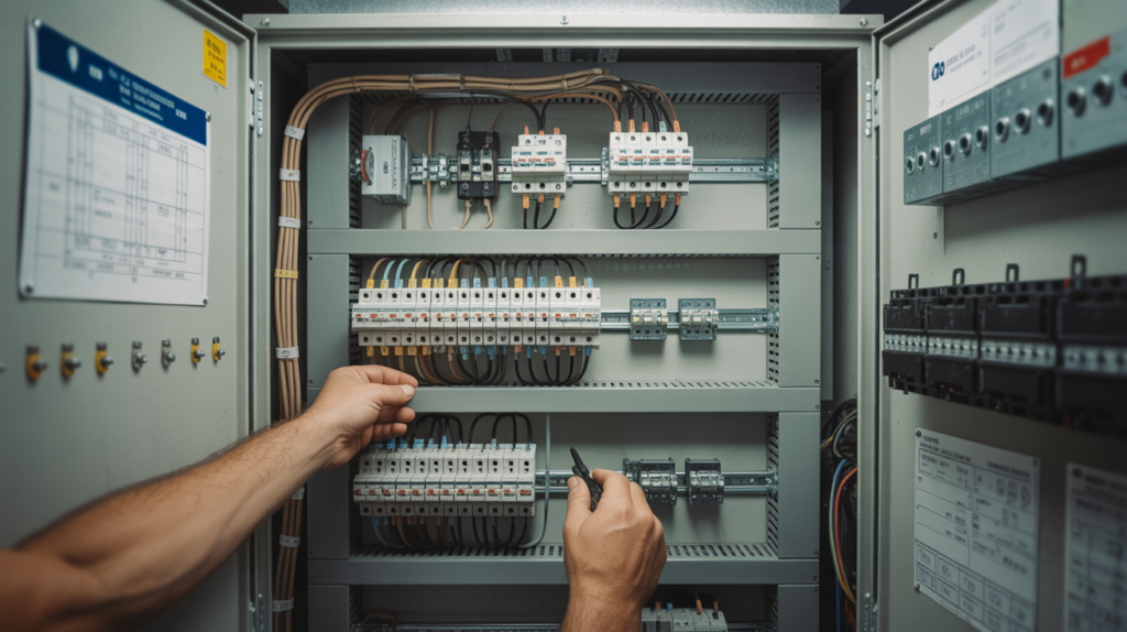 Vue réaliste d’un tableau électrique triphasé ouvert avec un électricien ajustant les câbles et disjoncteurs dans une salle technique industrielle authentique.