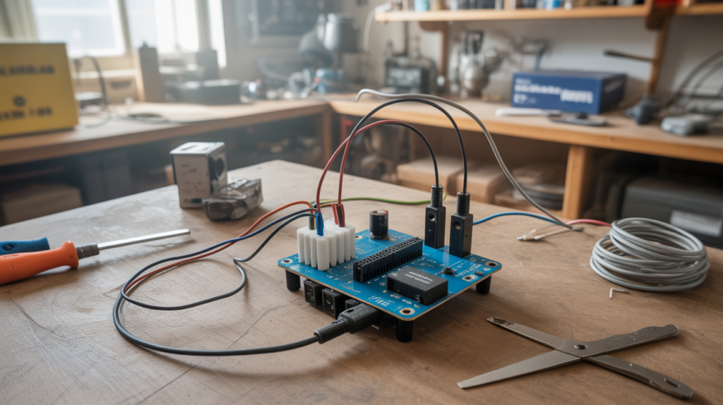 Scène réaliste montrant un module relais connecté à un Arduino sur un établi, avec outils et matériel électronique.