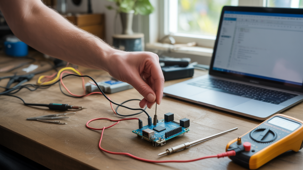 Scène réaliste montrant un Arduino connecté à un module Bluetooth HC-05 sur un établi de bricolage avec outils et main humaine travaillant sur le montage.