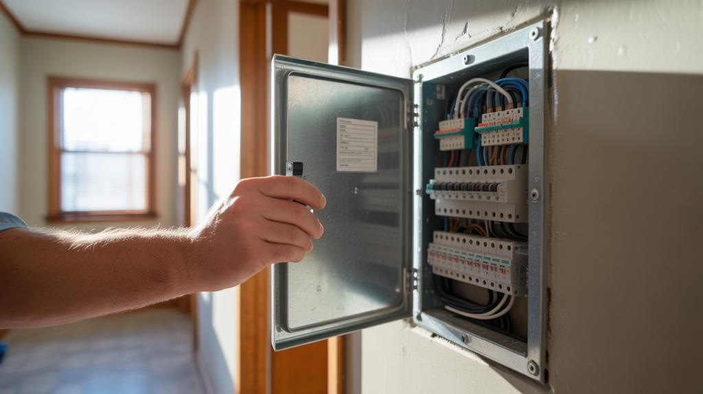 Scène réaliste montrant une main ouvrant la porte d’un tableau électrique moderne dans un couloir de maison, avec détails authentiques et éclairage naturel.
