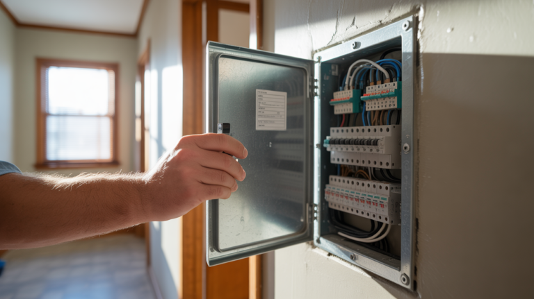 Scène réaliste montrant une main ouvrant la porte d’un tableau électrique moderne dans un couloir de maison, avec détails authentiques et éclairage naturel.