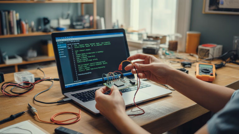 Scene réaliste d'un bureau de makers avec un ESP32 connecté à un ordinateur affichant l'Arduino IDE, mains humaines ajustant des câbles et outils électroniques dispersés.