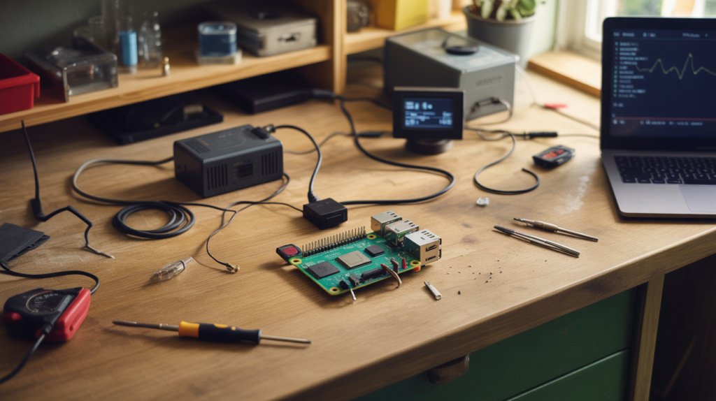 Photo réaliste d’un Raspberry Pi 5 en cours de test sur un établi en bois, entouré d’outils, d’un écran affichant des diagnostics et d’un environnement de travail authentique.