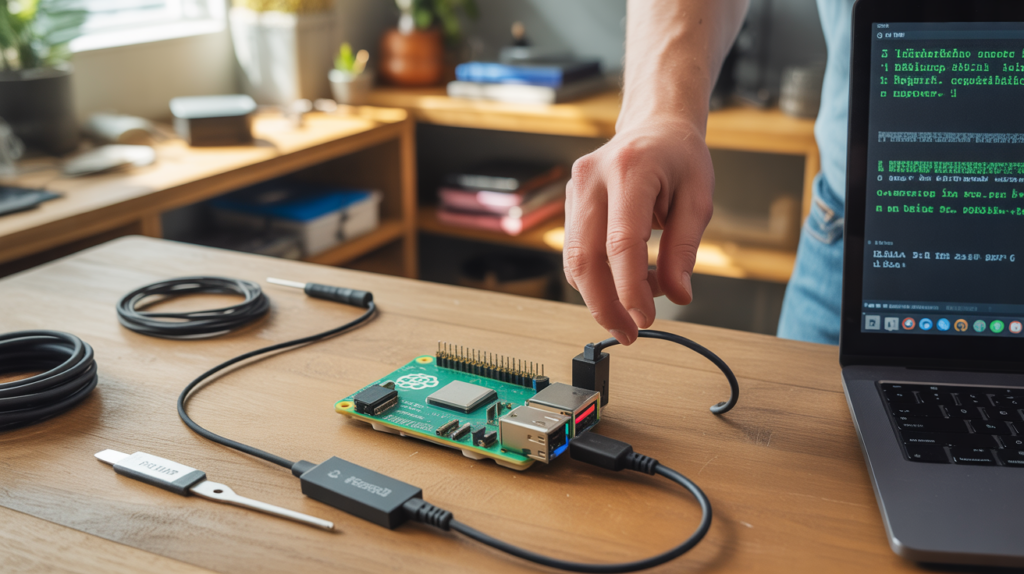 Gros plan réaliste d’un Raspberry Pi 5 en cours de démarrage sur un SSD externe, posé sur un bureau en bois avec un technicien ajustant les câbles.