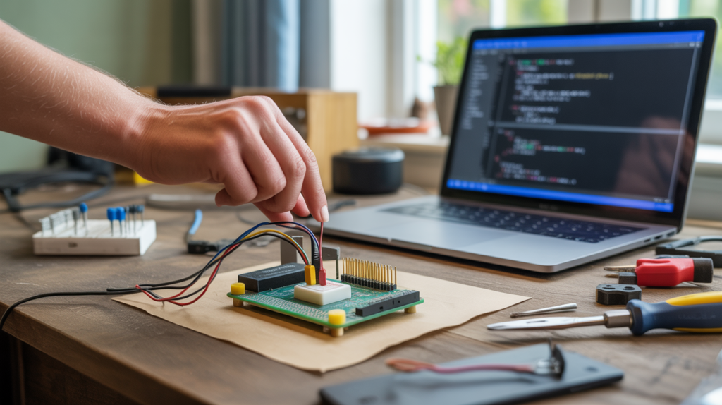 Scène réaliste montrant un débutant câblant un bouton poussoir sur un Raspberry Pi avec un bureau naturel et des outils dispersés.