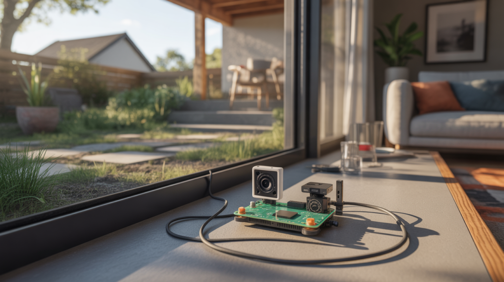 Installation réaliste d’un Raspberry Pi avec caméra près d’une fenêtre pour surveiller une maison et capturer un timelapse du jardin.