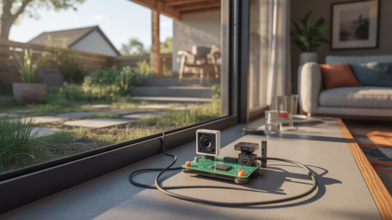 Installation réaliste d’un Raspberry Pi avec caméra près d’une fenêtre pour surveiller une maison et capturer un timelapse du jardin.