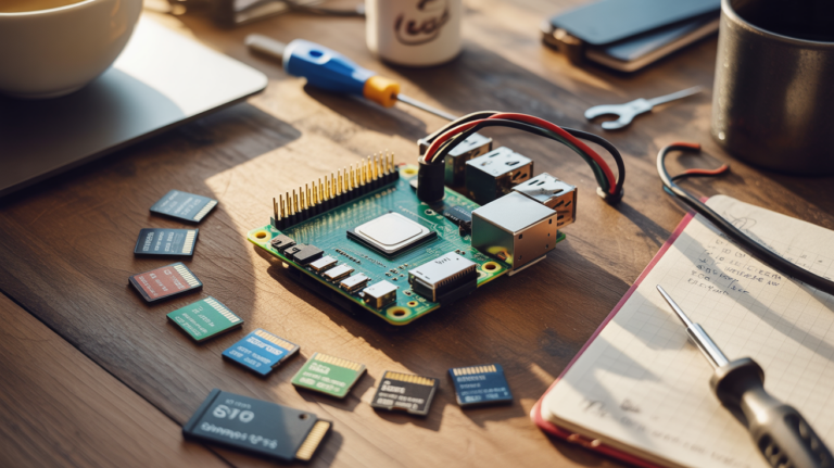 Scène réaliste d’un bureau en bois avec un Raspberry Pi entouré de plusieurs cartes SD de différentes capacités et vitesses dans un environnement naturel et authentique.