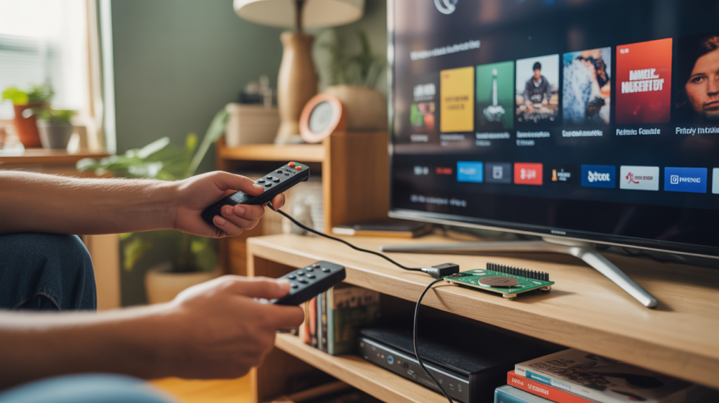 Salon réaliste avec un Raspberry Pi connecté à une télévision affichant une interface média, ambiance naturelle et authenticité des détails.