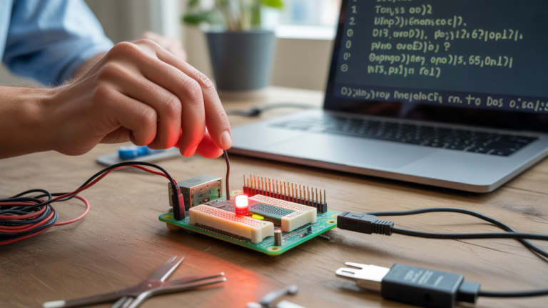 Scène réaliste d’un Raspberry Pi connecté à une LED rouge sur une breadboard dans un atelier DIY authentique.