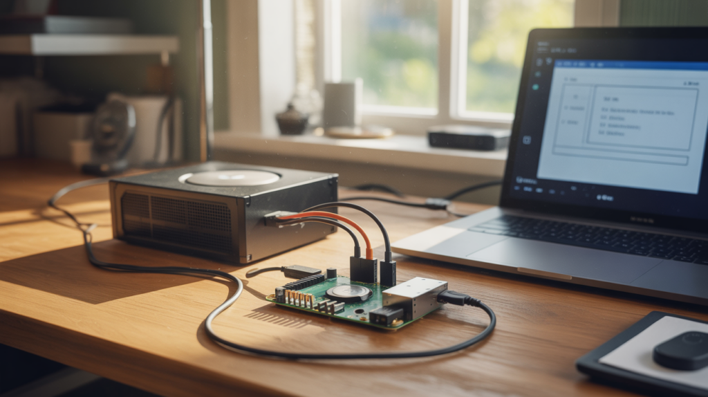 Installation réaliste d’un Raspberry Pi connecté à un disque externe sur un bureau pour créer un serveur de fichiers maison.