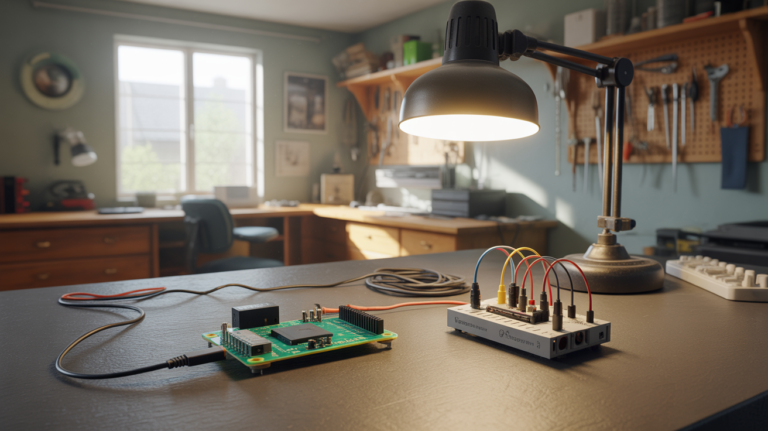 Scène réaliste d’un atelier montrant un Raspberry Pi connecté à un module relais contrôlant une lampe, dans un environnement authentique et naturel.