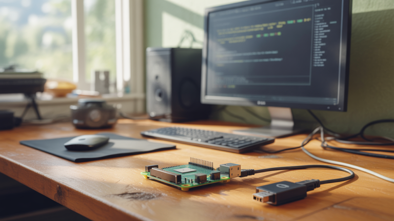Scène réaliste d'un Raspberry Pi configuré en serveur web sur un bureau avec écran affichant un tableau de bord et câbles authentiques dans une ambiance de bureau réelle.