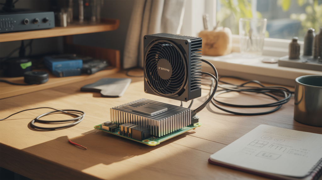 Gros plan réaliste d’un Raspberry Pi 5 installé sur un bureau avec un système de refroidissement efficace, dans un environnement de travail naturel.