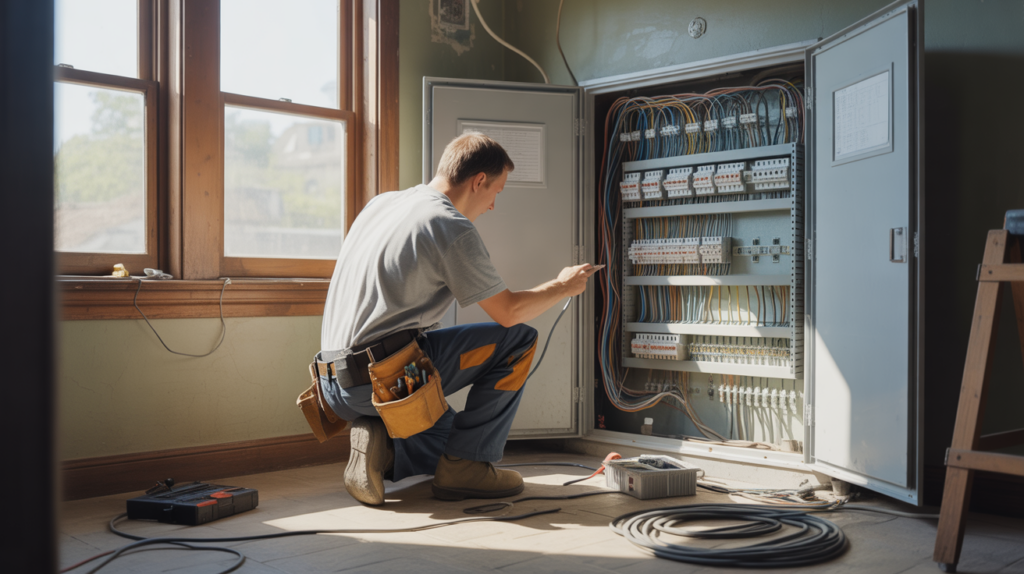 électricien professionnel inspectant le tableau électrique d’une maison réelle pour estimer une rénovation complète, dans un environnement domestique naturel et détaillé