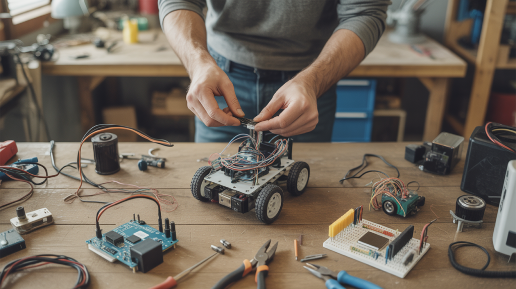 Scène réaliste montrant la construction manuelle d’un robot mobile Arduino dans un atelier authentique.