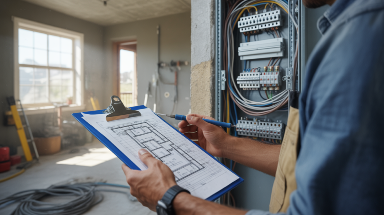 Électricien examinant un schéma d’installation électrique dans une maison en rénovation avec un tableau ouvert et des détails réalistes.