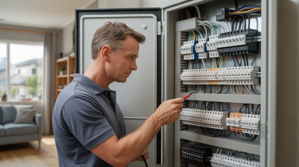 Électricien inspectant un tableau électrique domestique ouvert et conforme dans une maison moderne, avec détails réalistes et éclairage naturel.
