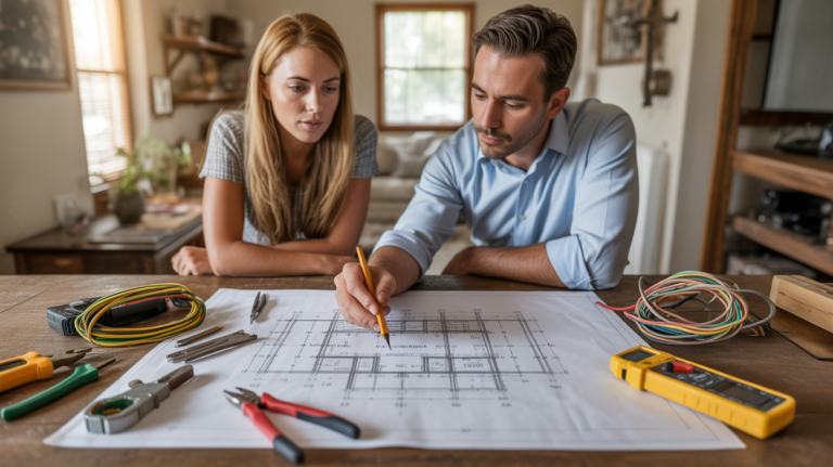 Scène réaliste d’un électricien et d’un propriétaire dessinant ensemble un schéma électrique sur une grande table avec outils et plans.