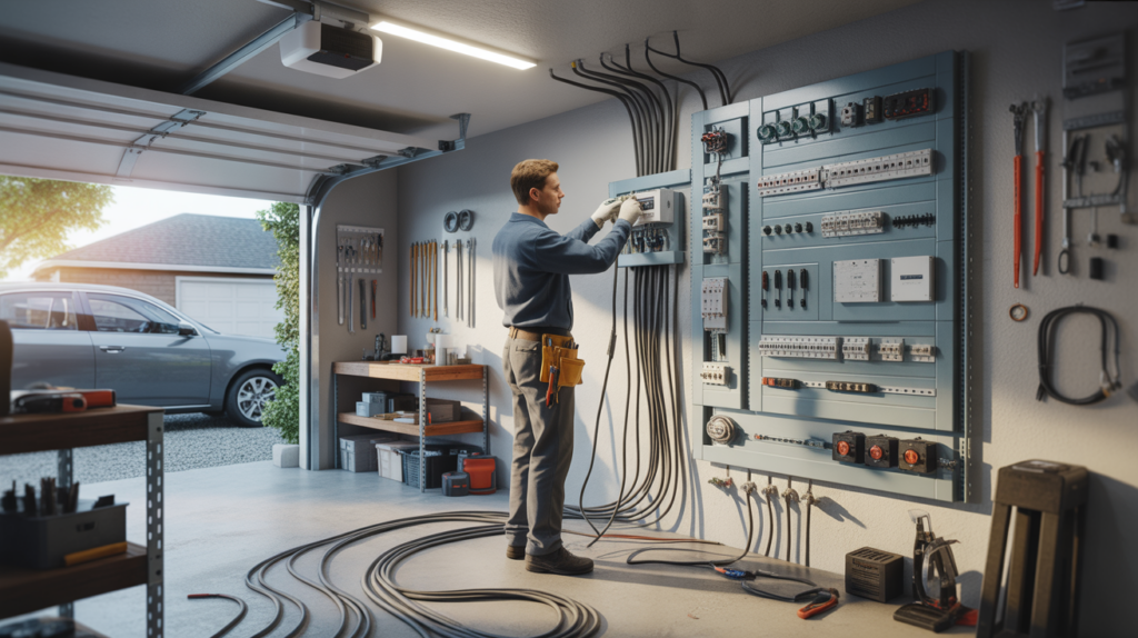 Scène réaliste montrant un électricien travaillant sur l’installation électrique d’un garage moderne, avec un tableau, des câbles et des équipements clairement visibles dans un environnement authentique.