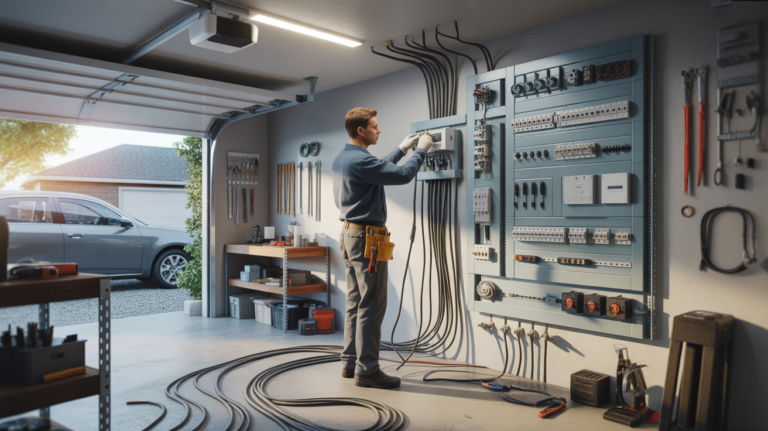 Scène réaliste montrant un électricien travaillant sur l’installation électrique d’un garage moderne, avec un tableau, des câbles et des équipements clairement visibles dans un environnement authentique.