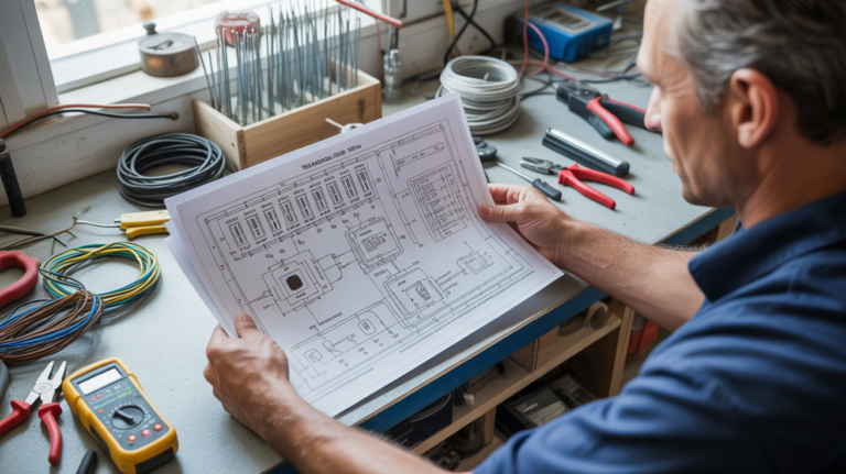 Électricien examinant un schéma électrique détaillé avec des symboles visibles dans un atelier réaliste et bien éclairé.