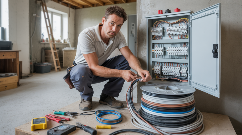 Électricien choisissant la bonne section de câble devant un tableau électrique domestique, avec des bobines de câbles de différentes épaisseurs sur un établi.