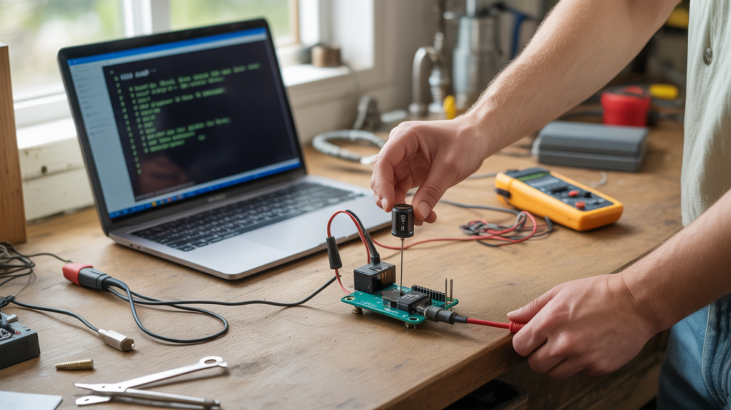 Scène réaliste d’un atelier d’électronique avec un Arduino connecté à un servomoteur, des outils éparpillés et une lumière naturelle.