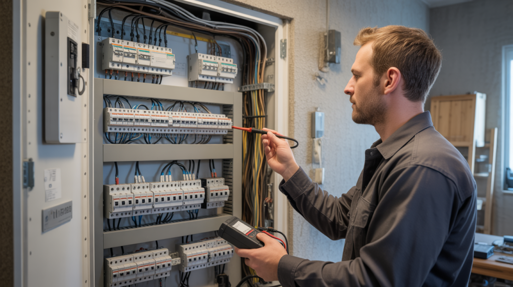 Électricien vérifiant un tableau électrique domestique moderne ouvert dans une maison familiale de 160 m2, avec câblage organisé et environnement réaliste.