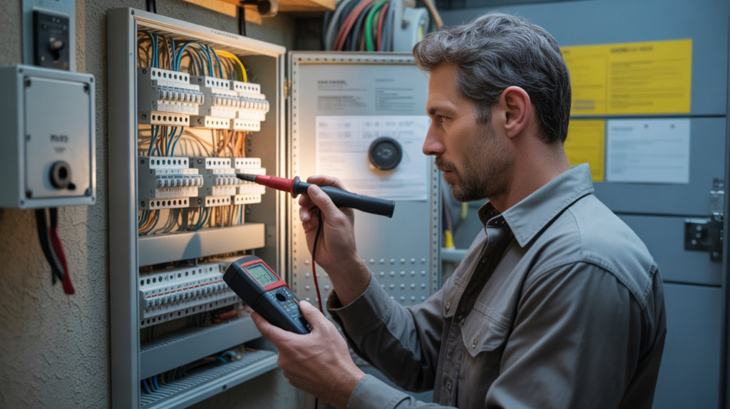 Scène réaliste d’un tableau électrique domestique ouvert, inspecté par un électricien professionnel dans une pièce technique avec outils et câblage authentiques.