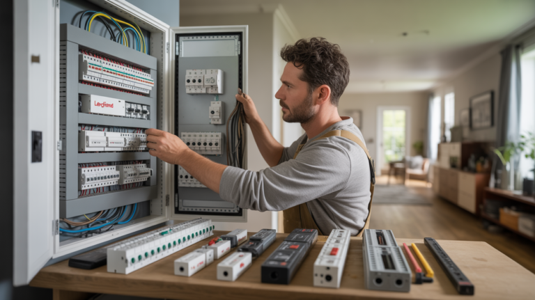 Électricien examinant un tableau électrique Legrand ouvert dans une maison moderne, avec composants bien organisés et scène réaliste.