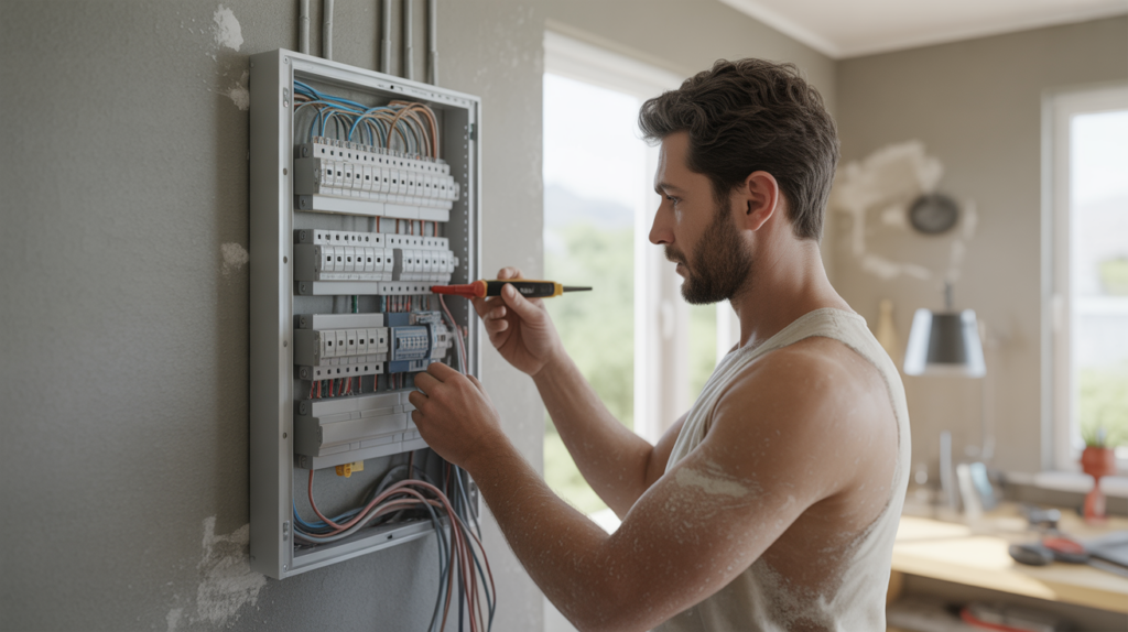 Électricien installant un tableau électrique pré-équipé dans une maison moderne en rénovation, avec une scène réaliste et détaillée.