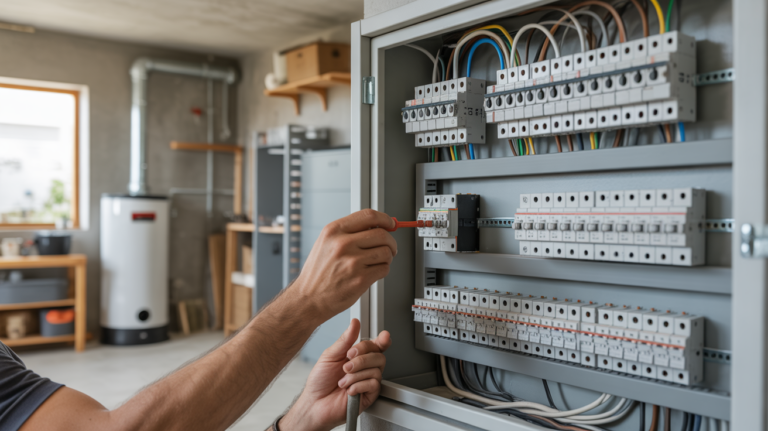 Scène réaliste montrant un tableau électrique domestique ouvert dans une maison moderne, avec câblage propre, disjoncteurs étiquetés et un technicien ajustant un module.