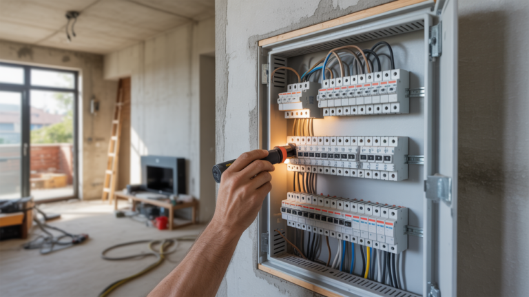 Scene réaliste d’un électricien inspectant un tableau électrique moderne dans une maison de 80m2 en rénovation, avec câblage soigné et lumière naturelle.