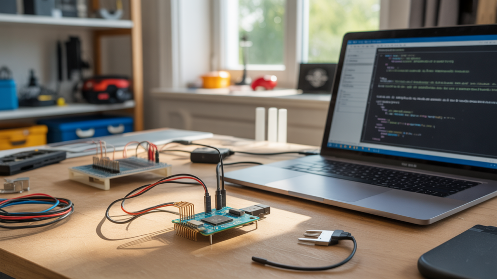 Photo réaliste d’un ESP8266 connecté à un ordinateur avec l’Arduino IDE ouvert, posé sur un établi avec composants électroniques et arrière-plan domestique net.